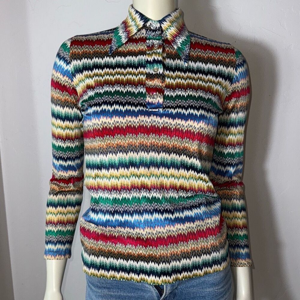 Vintage 60s Women's ZigZag Print Pointed Collar Multicolor Rainbow Stripe Size S - Picture 2 of 13